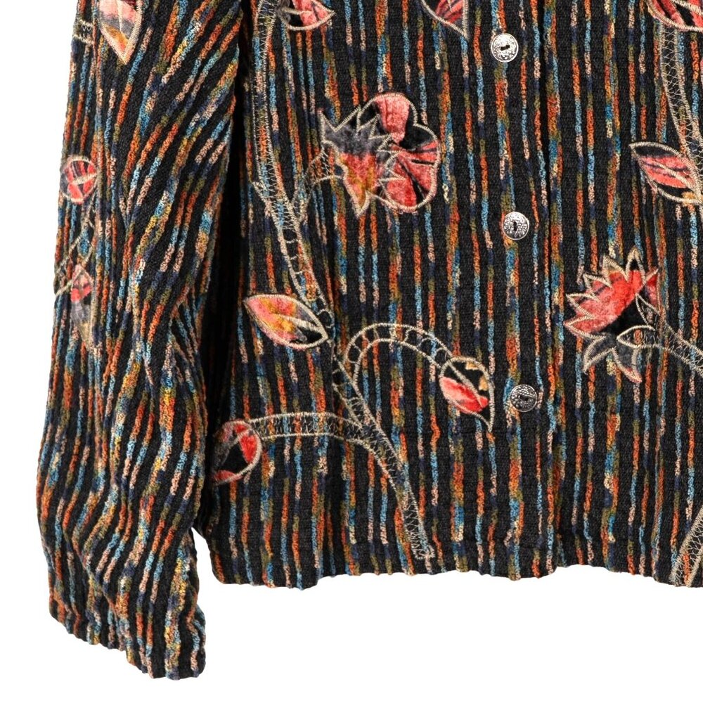 Floral Tapestry Jacket XL Striped Mandarin Collar Applique Boho Lagenlook Black - Picture 3 of 7